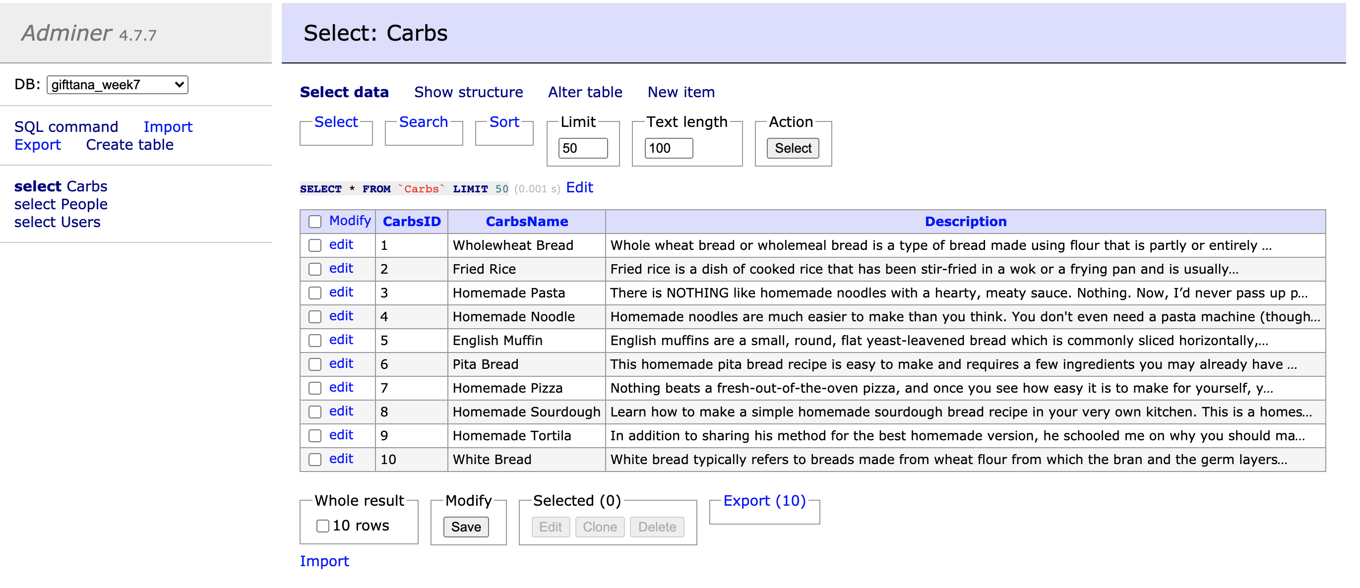Carbs table DB