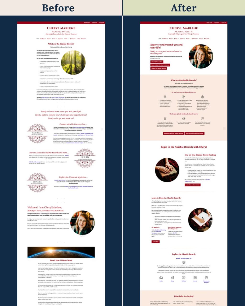 Cheryl's homepage before & after 